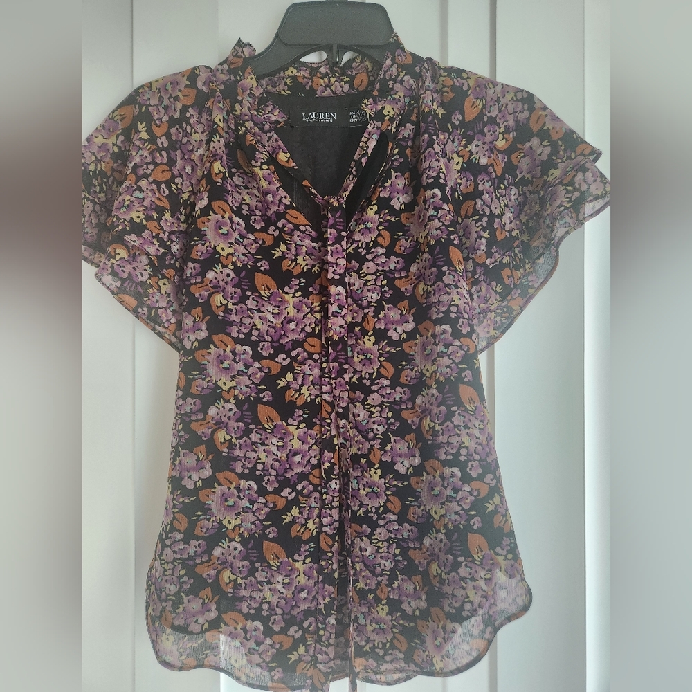 Ralph Lauren Women's Tie Neck Purple Floral Top Size XXS